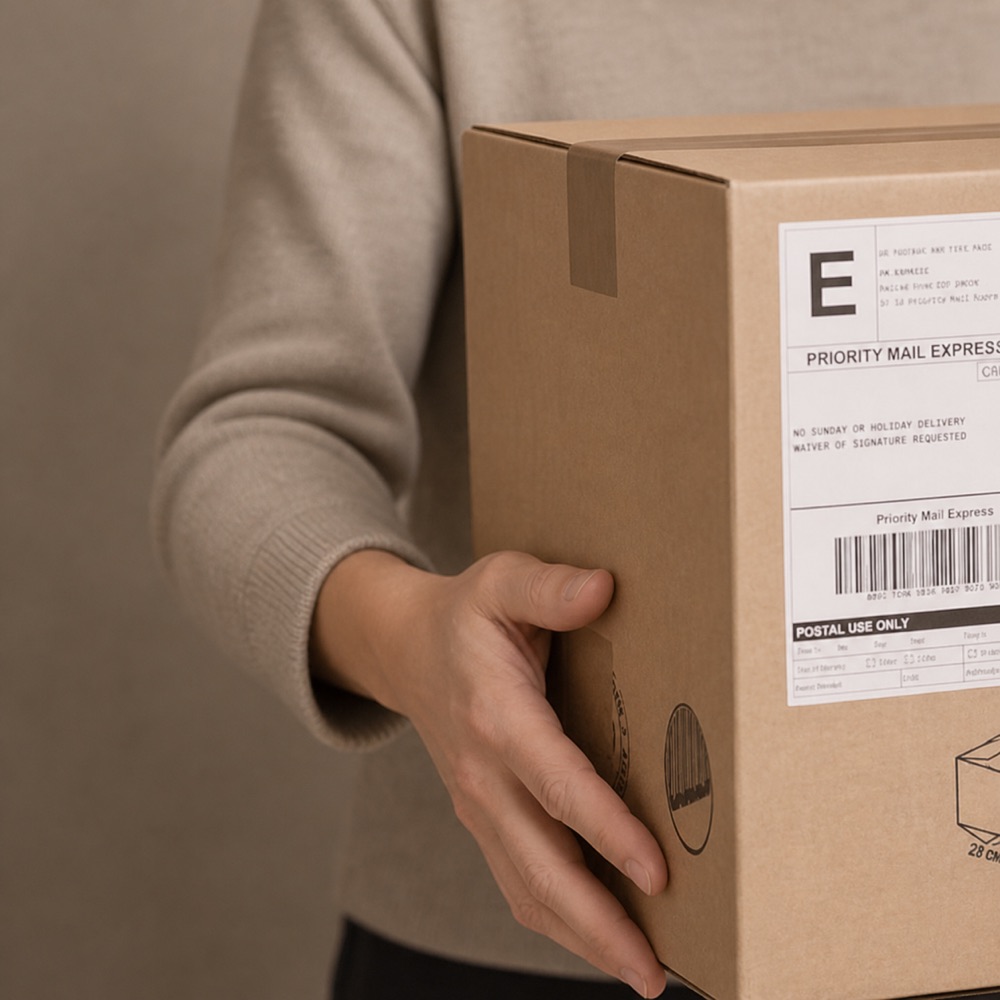 En person holder en pakke klar til levering